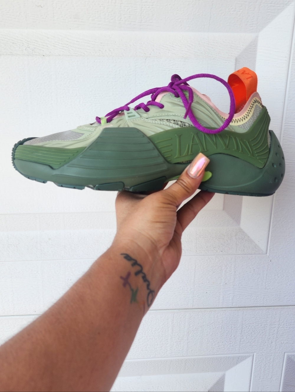 Green Multicolor Athletic Sneaker with Purple Laces - Picture 2 of 3